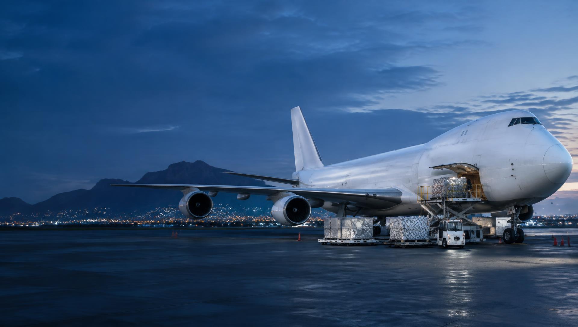 Cargo plane being loaded at an airport freight apron