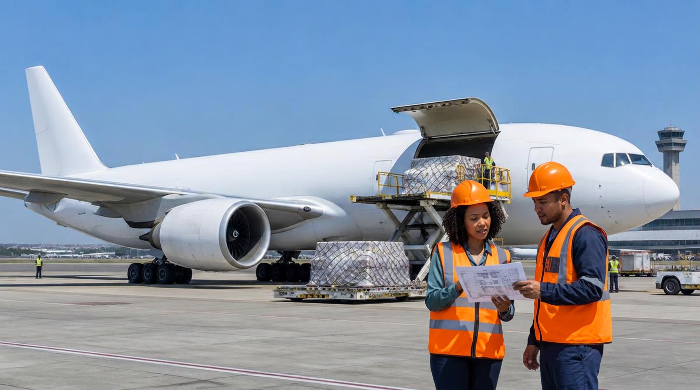 Palletised air freight being loaded into a cargo aircraft in daylight