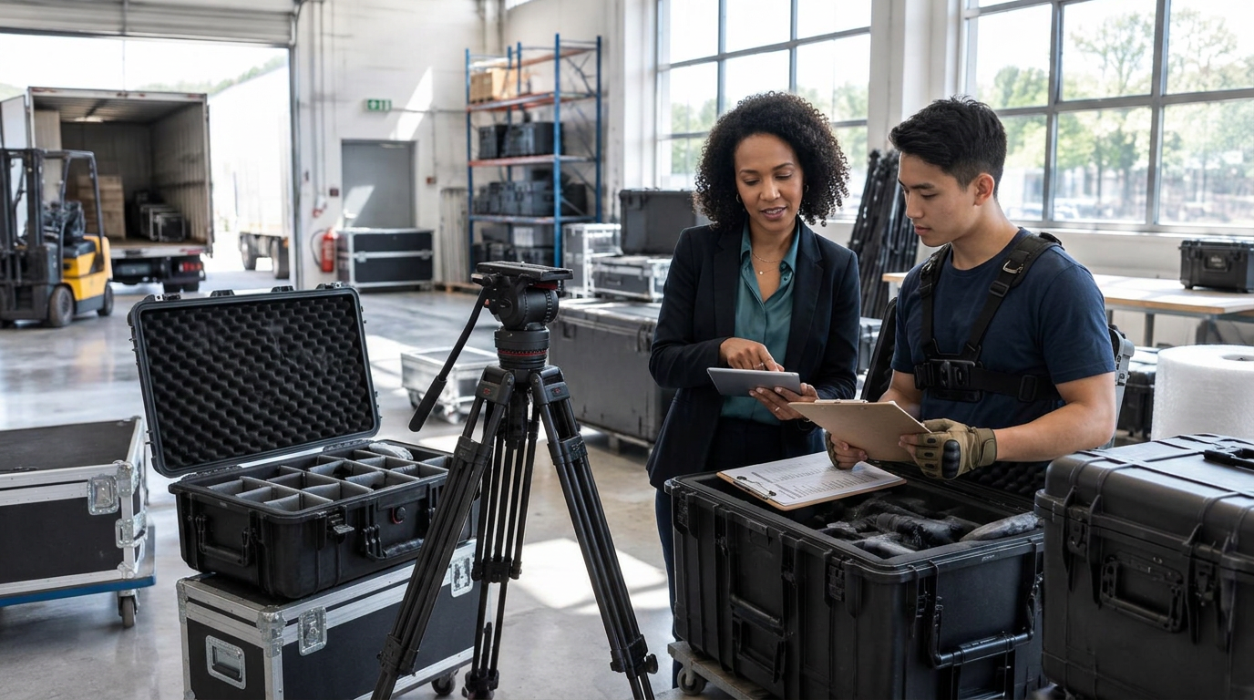 Professional equipment in hardshell cases being prepared for temporary export