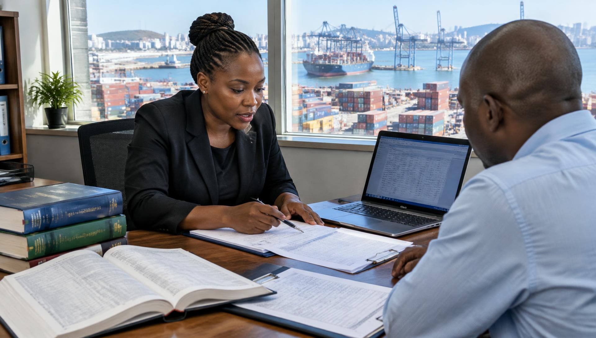 Customs broker reviewing clearance documents with a client, port visible through the office window