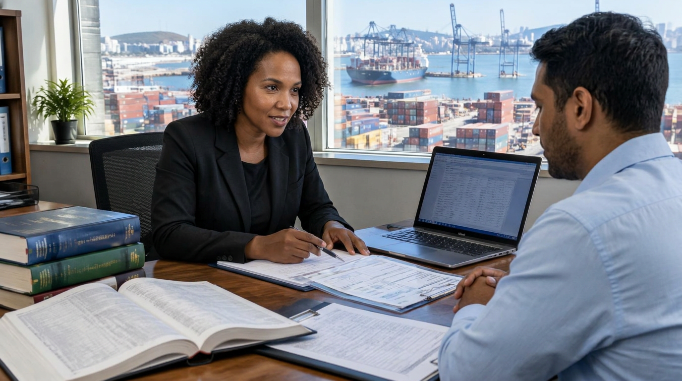Customs clearing consultant reviewing shipping documents with a client in a bright office