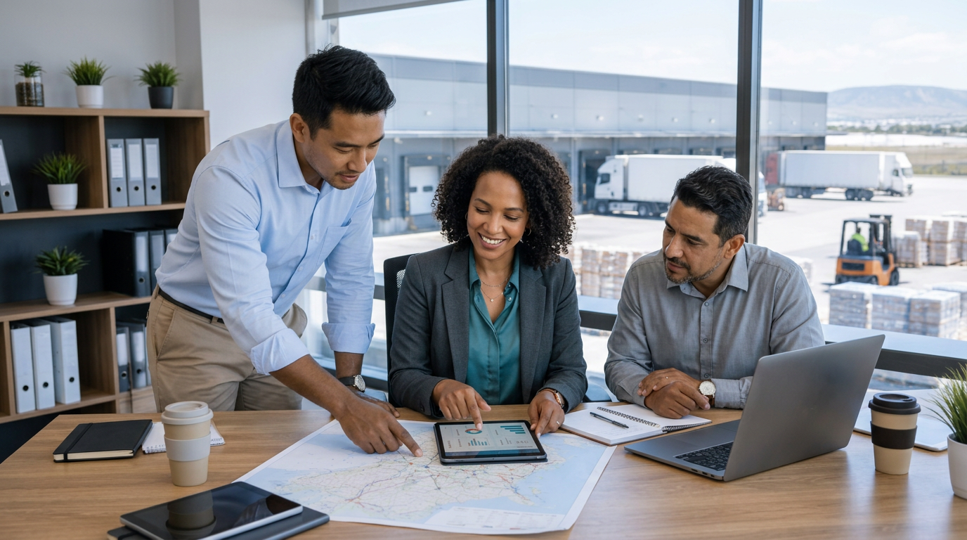 Freight forwarding consultants planning shipment routes overlooking a distribution centre
