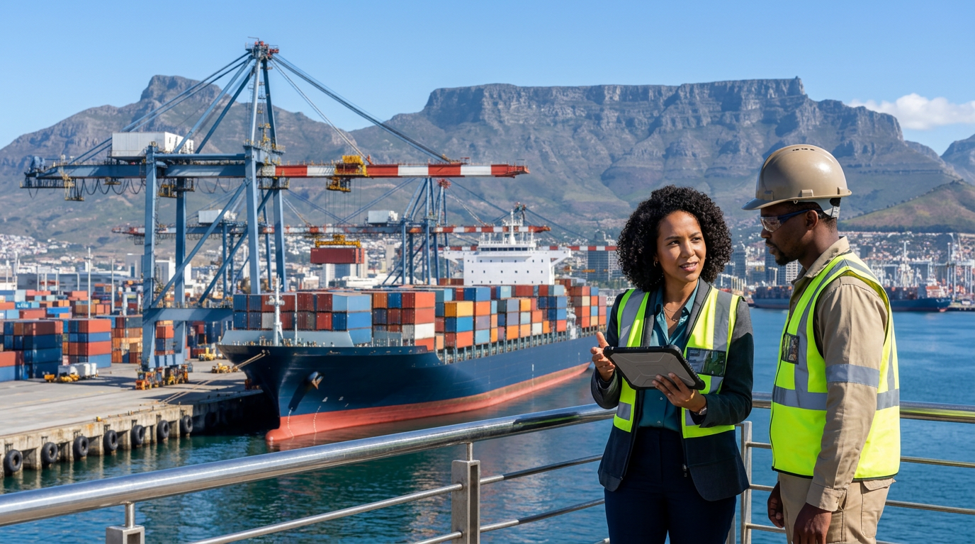 Container ship and loading cranes at Cape Town harbour with Table Mountain beyond